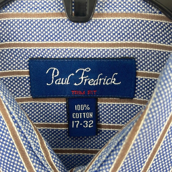 Paul Fredrick‎ Men’s LS Oxford Dress Shirt Blue Stripe Size 17-32 Trim Fit - Picture 8 of 10